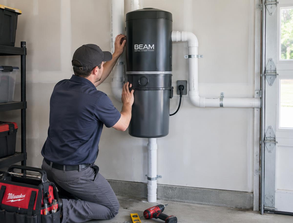 Technician mounting a central vacuum unit